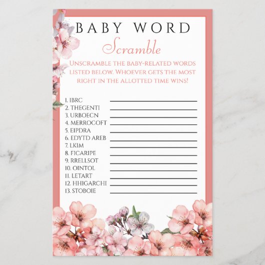Blush Pink Cherry Blossom Baby Word Scramble Flyer (Voorkant)