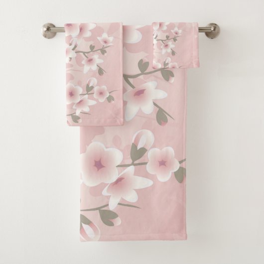Blush Pink Cherry Blossom Bath Towel Set Bad Handdoek (Insitu)