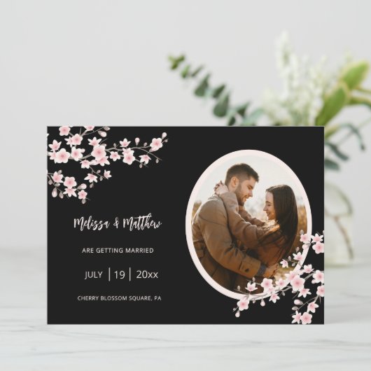Blush Pink Cherry Blossom Black Wedding Save The Date (Staand voorkant)