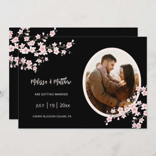 Blush Pink Cherry Blossom Black Wedding Save The Date (Voorkant / Achterkant)
