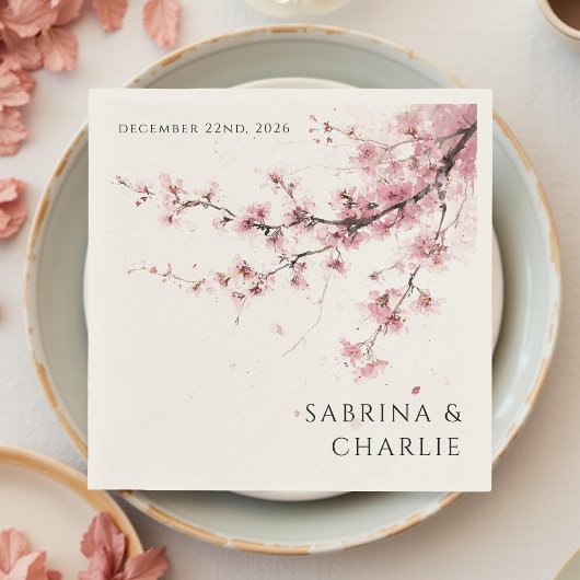 Blush Pink Cherry Blossom Elegant Floral Wedding Servet