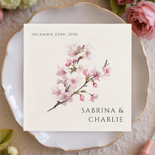 Blush Pink Cherry Blossom Elegant Floral Wedding Servet