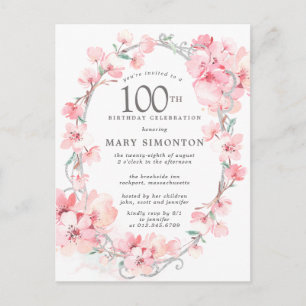 Blush Pink Cherry Blossom Floral 100th Birthday Uitnodiging Briefkaart