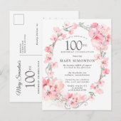 Blush Pink Cherry Blossom Floral 100th Birthday Uitnodiging Briefkaart (Voorkant / Achterkant)