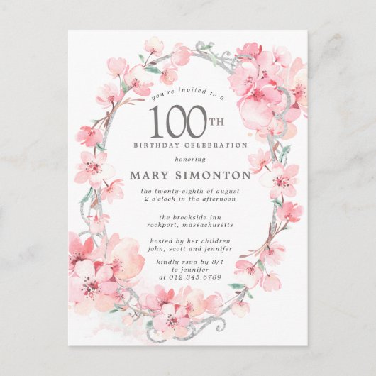 Blush Pink Cherry Blossom Floral 100th Birthday Uitnodiging Briefkaart (Voorkant)