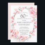 Blush Pink Cherry Blossom Floral 60th Birthday Kaart<br><div class="desc">Elegant ovaal zilver lijst is versierd met feminine sprays van zwarte roze kersenbloesems. Uw 60e details van de verjaardagspartij worden geschreven in het centrum in zachte grijze tekst. Deze verjaardagsuitnodiging coördineert met het 60e collectie van de Blossom van de Kerry van de Zeerdag dat de sjablonen bevat u kunt gebruiken...</div>