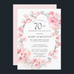Blush Pink Cherry Blossom Floral 70th Birthday Kaart<br><div class="desc">Elegant ovaal zilver lijst is versierd met feminine sprays van zwarte roze kersenbloesems. De details van uw 70e verjaardagsfeestje worden in het midden in zachte, grijze tekst geschreven. Deze verjaardagsuitnodiging coördineert met het 70e collectie van de Blossom van de Kerry van de Zeerdag dat de sjablonen bevat u kunt gebruiken...</div>