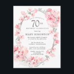 Blush Pink Cherry Blossom Floral 70th Birthday Uitnodiging Briefkaart<br><div class="desc">Elegant ovaal zilver lijst is versierd met feminine sprays van zwarte roze kersenbloesems. De details van uw 70e verjaardagsfeestje worden in het midden in zachte, grijze tekst geschreven. Deze verjaardagsuitnodiging coördineert met het 70e collectie van de Blossom van de Kerry van de Zeerdag dat de sjablonen bevat u kunt gebruiken...</div>