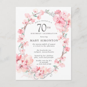 Blush Pink Cherry Blossom Floral 70th Birthday Uitnodiging Briefkaart