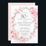 Blush Pink Cherry Blossom Floral 80th Birthday Kaart<br><div class="desc">Elegant ovaal zilver lijst is versierd met feminine sprays van zwarte roze kersenbloesems. De details van uw 80e verjaardagsfeestje worden in het midden in zachte, grijze tekst geschreven. Deze verjaardagsuitnodiging coördineert met het 80e collectie van de Blossom van de Kerry van de Geboortedag dat de sjablonen bevat u kunt gebruiken...</div>