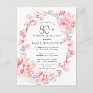 Blush Pink Cherry Blossom Floral 80th Birthday Uitnodiging Briefkaart