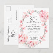 Blush Pink Cherry Blossom Floral 80th Birthday Uitnodiging Briefkaart (Voorkant / Achterkant)