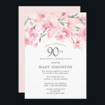 Blush Pink Cherry Blossom Floral 90th Birthday Kaart<br><div class="desc">Elegant ovaal zilver lijst is versierd met feminine sprays van zwarte roze kersenbloesems. Uw 90e details van de verjaardagspartij worden geschreven in het centrum in zachte grijze tekst. Deze verjaardagsuitnodiging coördineert met het 90e collectie van de Blossom van de Kerry van de Geboortedag dat de sjablonen bevat u kunt gebruiken...</div>