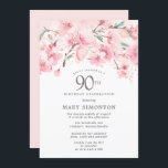 Blush Pink Cherry Blossom Floral 90th Birthday Kaart<br><div class="desc">Elegant ovaal zilver lijst is versierd met feminine sprays van zwarte roze kersenbloesems. Uw 90e details van de verjaardagspartij worden geschreven in het centrum in zachte grijze tekst. Deze verjaardagsuitnodiging coördineert met het 90e collectie van de Blossom van de Kerry van de Geboortedag dat de sjablonen bevat u kunt gebruiken...</div>