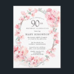Blush Pink Cherry Blossom Floral 90th Birthday Uitnodiging Briefkaart<br><div class="desc">Elegant ovaal zilver lijst is versierd met feminine sprays van zwarte roze kersenbloesems. Uw 90e details van de verjaardagspartij worden geschreven in het centrum in zachte grijze tekst. Deze verjaardagsuitnodiging coördineert met het 90e collectie van de Blossom van de Kerry van de Geboortedag dat de sjablonen bevat u kunt gebruiken...</div>