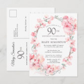 Blush Pink Cherry Blossom Floral 90th Birthday Uitnodiging Briefkaart (Voorkant / Achterkant)