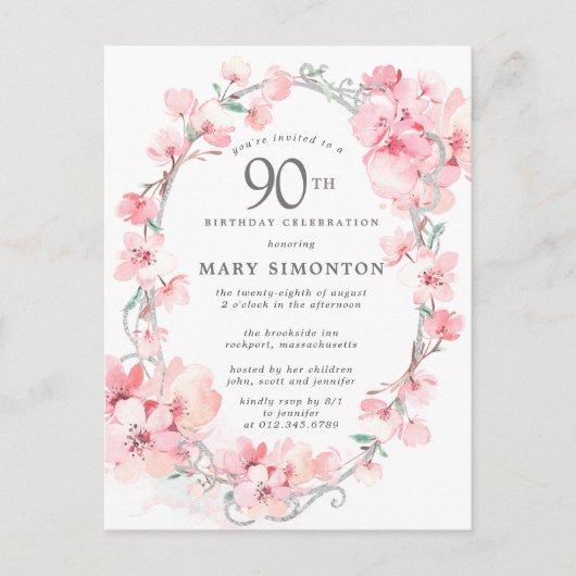 Blush Pink Cherry Blossom Floral 90th Birthday Uitnodiging Briefkaart (Voorkant)