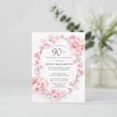 Blush Pink Cherry Blossom Floral 90th Birthday Uitnodiging Briefkaart (Staand voorkant)