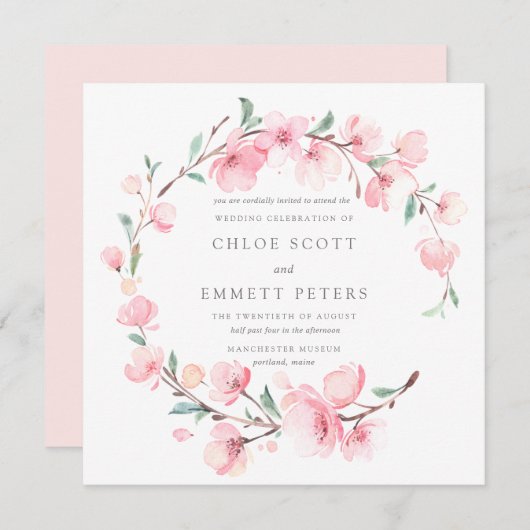 Blush Pink Cherry Blossom Floral Lijst Wedding Kaart (Voorkant / Achterkant)