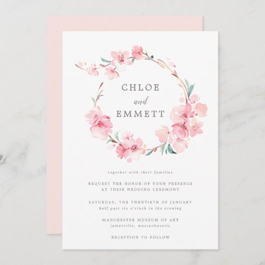 Blush Pink Cherry Blossom Floral Lijst Wedding Kaart (Voorkant / Achterkant)