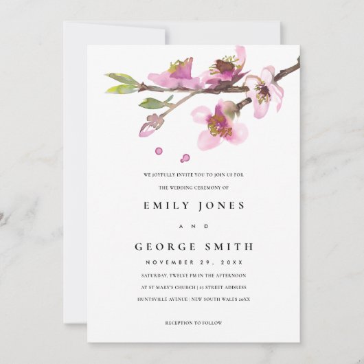 BLUSH PINK CHERRY BLOSSOM FLORAL WEDDING INVITE BEDANKKAART (Voorkant)