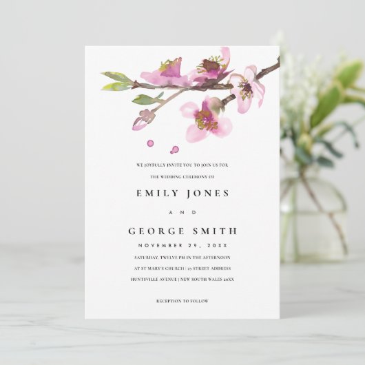 BLUSH PINK CHERRY BLOSSOM FLORAL WEDDING INVITE BEDANKKAART (Staand voorkant)