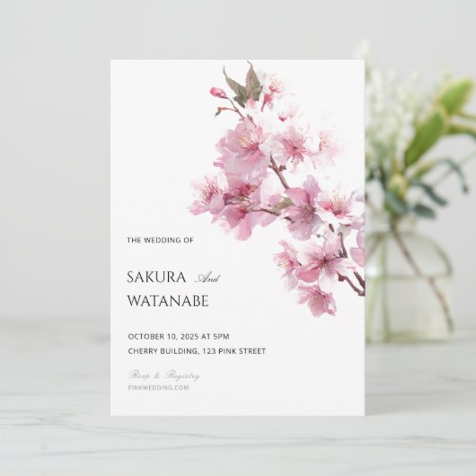 Blush Pink Cherry Blossom Flower Japanese Wedding Kaart (Staand voorkant)