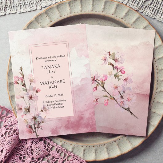 Blush Pink Cherry Blossom Flower Japanese Wedding Kaart