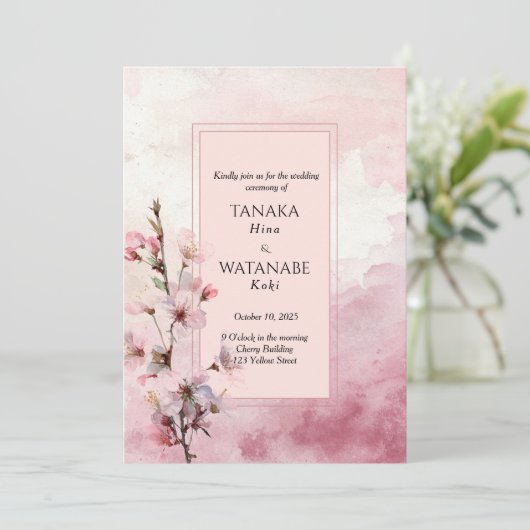 Blush Pink Cherry Blossom Flower Japanese Wedding Kaart (Staand voorkant)