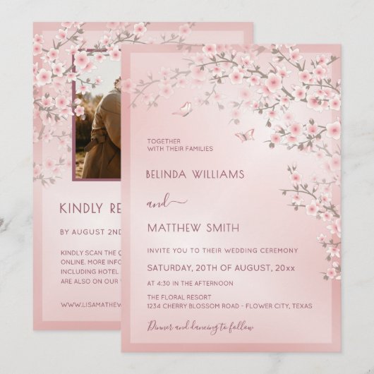 Blush Pink Cherry Blossom Photo Wedding Kaart (Voorkant / Achterkant)