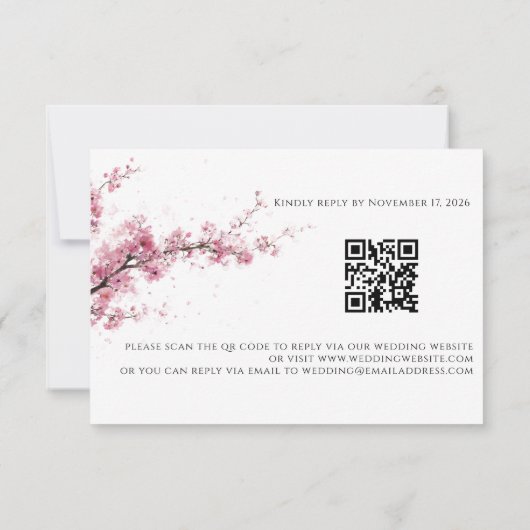 Blush Pink Cherry Blossom QR Code Wedding RSVP Kaartje (Achterkant)