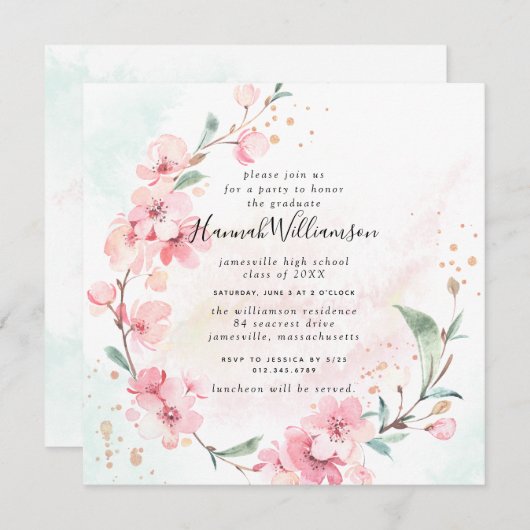 Blush Pink Cherry Blossom Square Afstuderen Kaart (Voorkant / Achterkant)