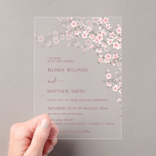 Blush Pink Cherry Blossom Wedding Acryl Uitnodigingen (Insitu (Draagbaar))