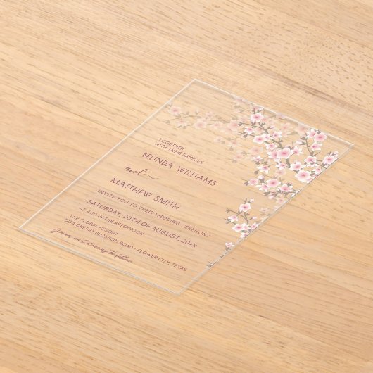 Blush Pink Cherry Blossom Wedding Acryl Uitnodigingen (Laagn)