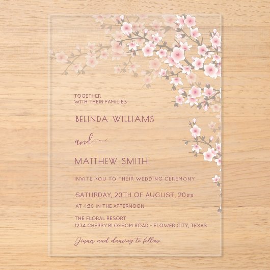 Blush Pink Cherry Blossom Wedding Acryl Uitnodigingen (Voorkant)