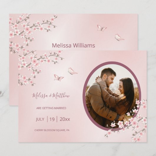 Blush Pink Cherry Blossom Wedding Save The Date (Voorkant / Achterkant)