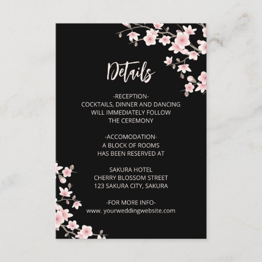 Blush Pink Cherry Blossoms Black Wedding Details Informatiekaartje (Voorkant)