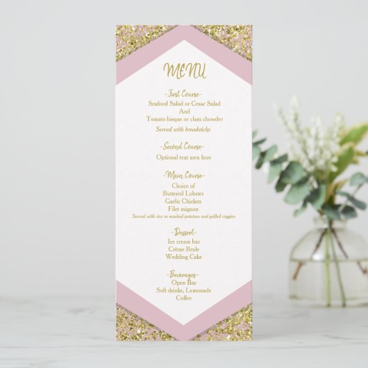 Blush Pink Chic Gold Glitter Flakes Glam Wedding M Menu (Staand voorkant)