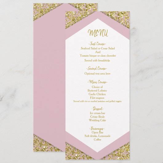 Blush Pink Chic Gold Glitter Flakes Glam Wedding M Menu (Voorkant / Achterkant)