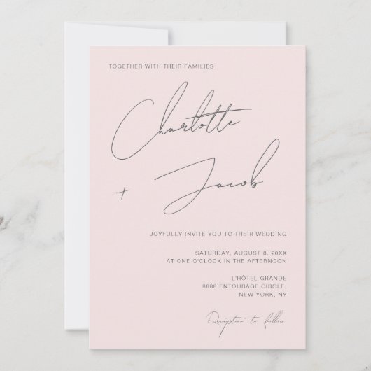 Blush Pink Chic Minimalist Elegant Script Wedding Kaart (Voorkant)