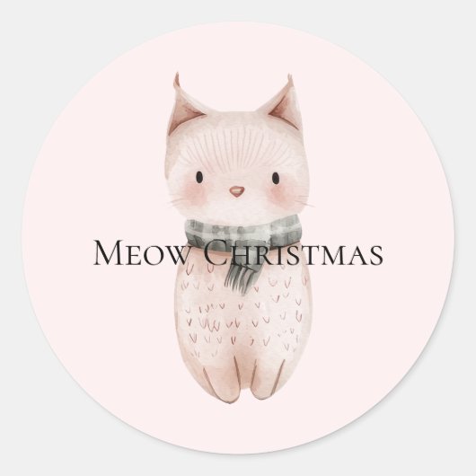 Blush Pink Christmas Cat Ronde Sticker (Voorkant)