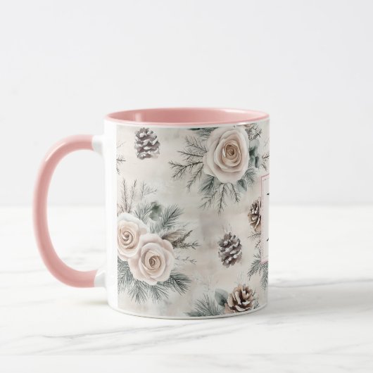 Blush Pink Christmas Pine Cones Floral Monogram Mok (Links)