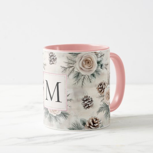 Blush Pink Christmas Pine Cones Floral Monogram Mok (Voorkant rechts)