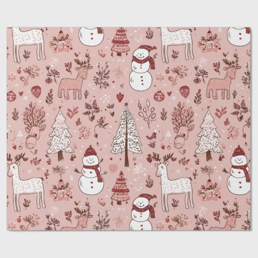 Blush Pink Christmas  | Reindeer & Snowman Cadeaupapier (Vlak)