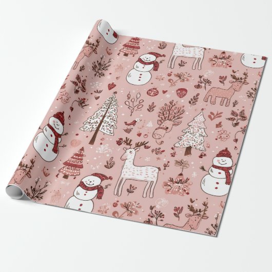 Blush Pink Christmas  | Reindeer & Snowman Cadeaupapier (Uitgerold)