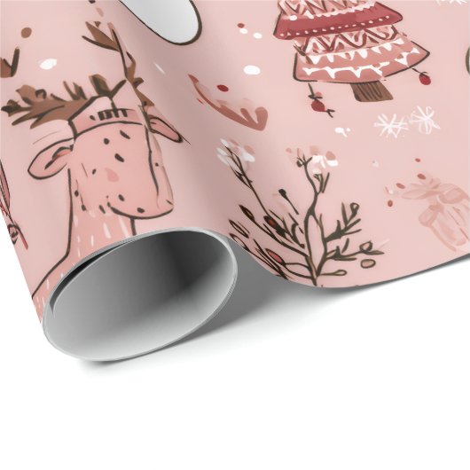 Blush Pink Christmas  | Reindeer & Snowman Cadeaupapier (Rol Hoek)