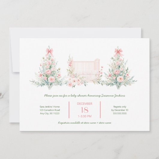 Blush Pink Christmas Trees with crib Baby Shower Kaart (Voorkant)