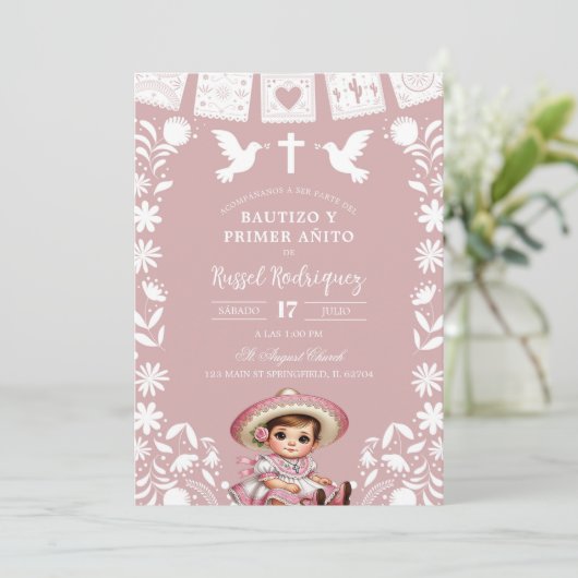 Blush Pink Cielito Lindo Bautizo y Primer Anito Kaart (Staand voorkant)