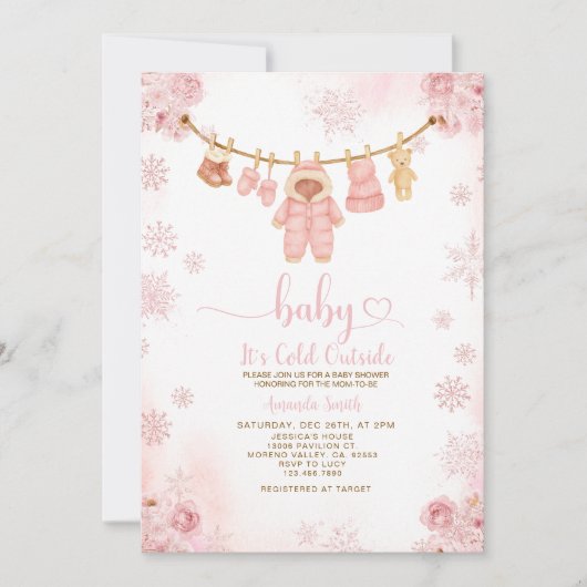 Blush Pink Clothesline Cold Outside Baby Shower Kaart (Voorkant)