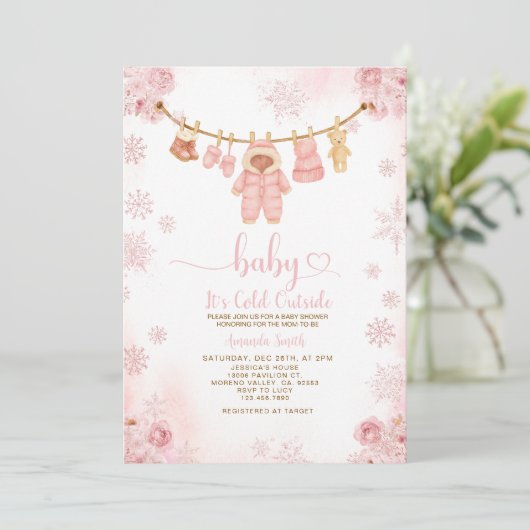 Blush Pink Clothesline Cold Outside Baby Shower Kaart (Staand voorkant)